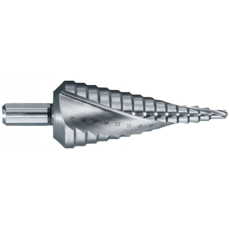 HSS Step Drill Ø4-12 mm. Step 1 mm. Helicoidal flute. Bright, uncoated (blister)