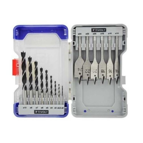Set of wood drills 15pcs: 6 flat bits + 9 brad point bits