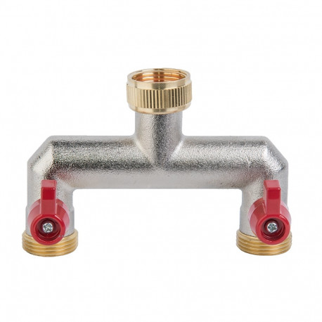 2-way spliter with valves, female and male thread 3/4", nickiel BRASS