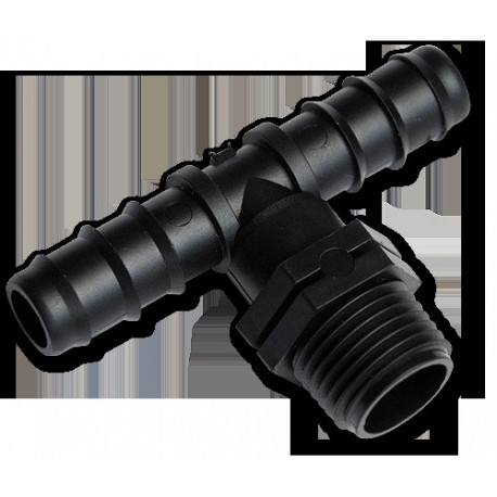 Tee, 1/2" male, 2 x 16mm hose barb