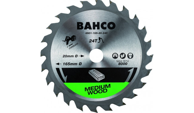 Пильный диск Bahco 165x20мм 24H 18°, (адаптеры 10/16мм), для аккумуляторного инструмента, по дереву