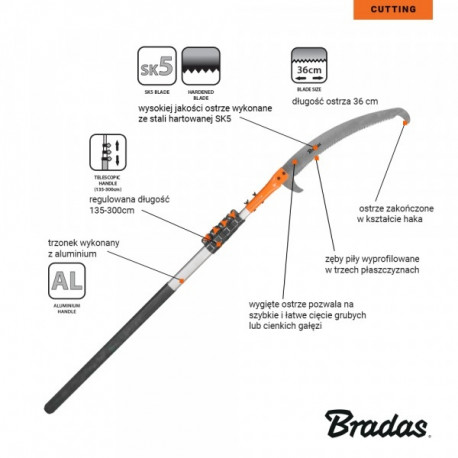 Saw with a hook V-SERIES on a telescopic handle 5.5 m / blade 360 mm
