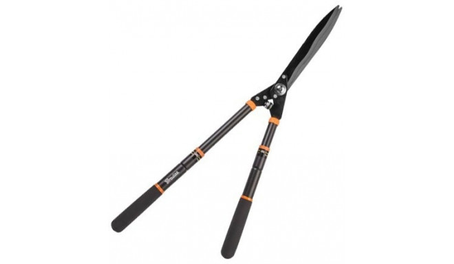 Telescopic hedge pruning shears with V-SERIES gear, corrugated blade