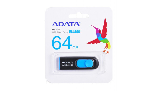 Adata mälupulk 64GB DashDrive UV128 USB 3.2 Gen 1, must/sinine