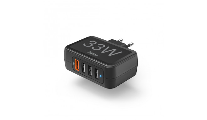 USB-laadija seinapesasse Hama 33W 4-port (1x QC3.0 USB-A 18W, 3x USB-A max 15W), black/must, IC, Qua