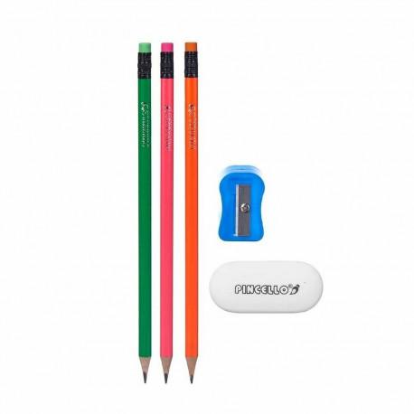 Pencil Set Pincello 477 477 Blue Red Green Orange Pencil Sharpener Eraser (12 Units)