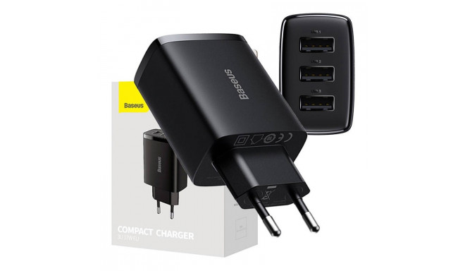 Baseus Compact Quick Charger, 3x USB, 17W (Black)