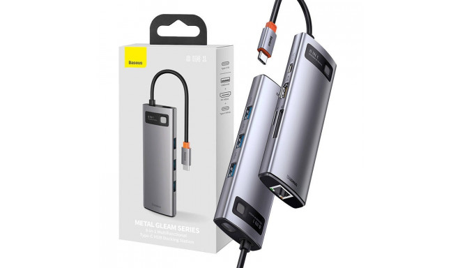 Hub 8in1 Baseus Metal Gleam Series, USB-C to 3x USB 3.0 + HDMI + USB-C PD + Ethernet RJ45 + microSD/