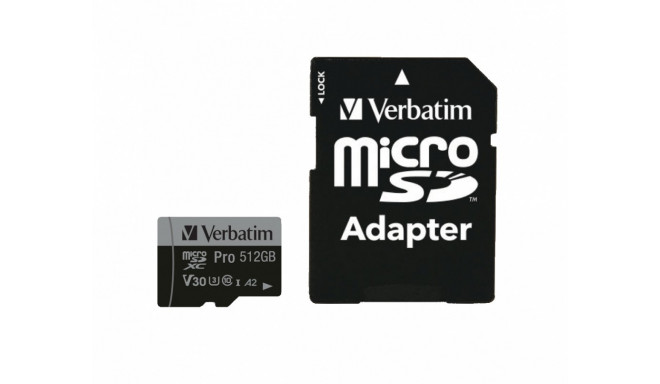 Mälukaart Secure Digital Verbatim MicroSDXC 512GB Pro, A2 app class, UHS-I U3, r100MB/sec w90MB/sec 