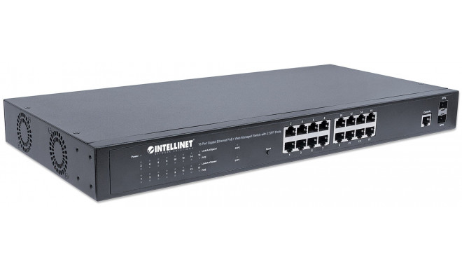 Intellinet 16-portine gigabit ethernet PoE+ veebihallatav lüliti 2 SFP pordiga, IEEE 802.3at/af toit
