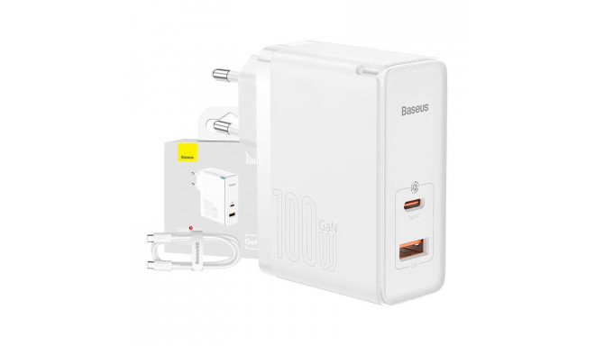 Wall charger Baseus GaN5 Pro USB-C + USB, 100W + 1m cable (white)
