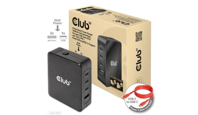 CLUB3D International Travel Charger 140W GaN technology, Four port USB Type-A(1x) and -C(3x), PPS + 