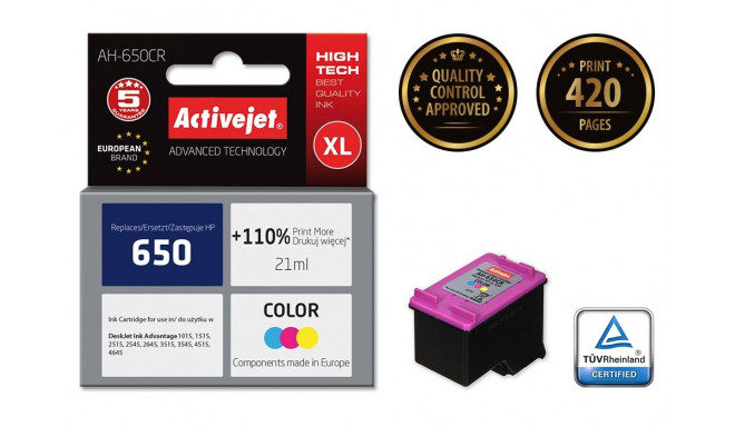 Activejet AH-650CR ink (replacement for HP 650 CZ102AE; Premium; 21 ml; color)