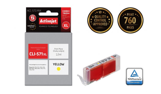 Activejet ACC-571YNX tindikassett (asendus Canon CLI-571XLY; Supreme; 12 ml; kollane)