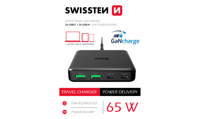 Swissten Desktop GaN Charger 2x USB-C /  2x USB / 65W