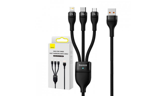 3in1 USB cable Baseus Flash Series, USB-C + micro USB + Lightning, 100W, 1.2m (black)