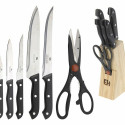 Set of Kitchen Knives and Stand Excellent Houseware Scissors 7 Pieces Black Wood Stainless steel pol