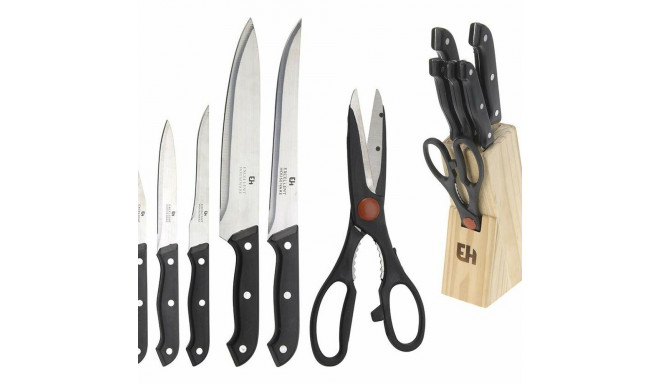 Set of Kitchen Knives and Stand Excellent Houseware Scissors 7 Pieces Black Wood Stainless steel pol