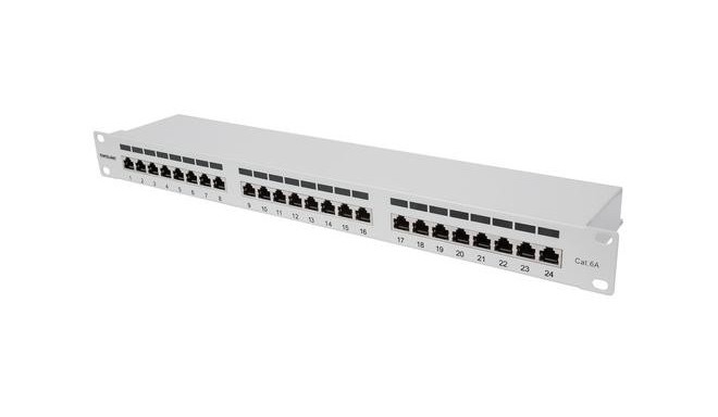 Intellinet Patch Panel, Cat6a, FTP, 24-Port, 1U, Shielded, 90° Top-Entry Punch Down Blocks, Grey