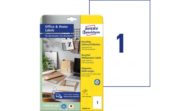 Kleebisetikett AVERY Zweckform 210x297mm 10 lehte taaskasutatud paberist (LR3478-10)