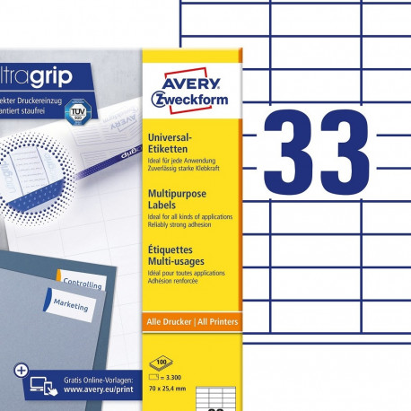 Adhesive label AVERY Zweckform 70x25,4mm 33 Sheets 100 sheets (3421)