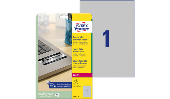 Sticker label made of silver polyester film AVERY Zweckform 210x297mm weatherproof 20 sheets in a pa