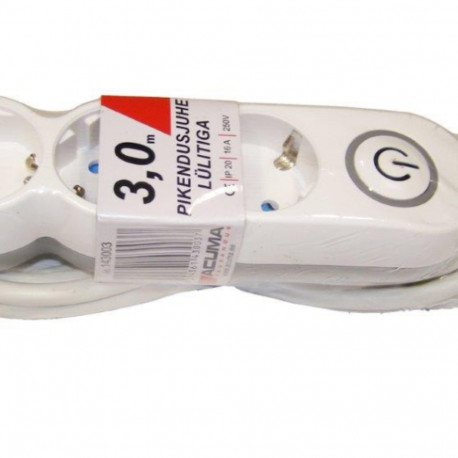 Pikendusjuhe 5 meetrit 3 pesa, VALGE, lülitiga, 3G1,5mm, 16A, maandusega, Acuma