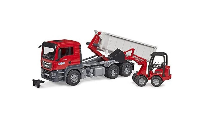 Bruder MAN TGS truck with roll-off container and Schäffer farm loader, model vehicle