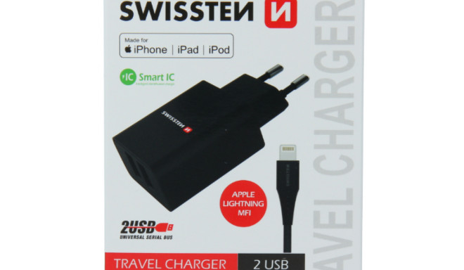 Swissten Smart IC Travel Charger 2x USB 2.1A with Lightning MFI Cable 1.2m
