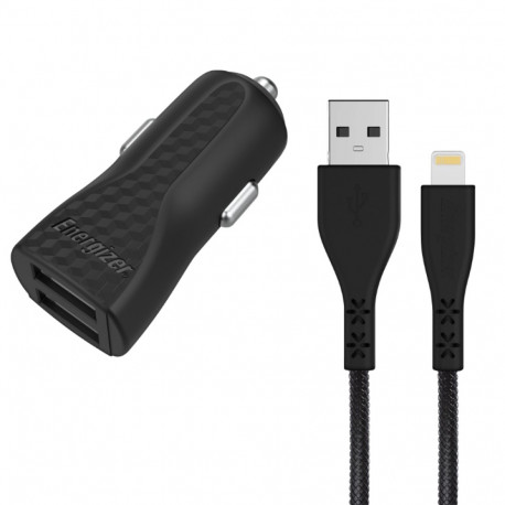 Energizer HardCase - Ładowarka samochodowa 2x USB-A 17W 3.4A + Kabel Lightning certyfikat MFi (Czarn