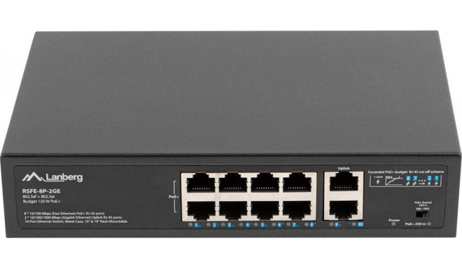 Lanberg switch 8x 100Mb PoE+/2x 1GB unmanaged rack 10"/19" 120W
