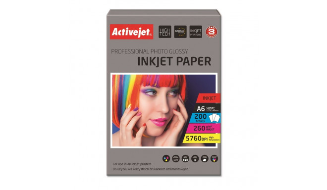 Activejet AP6-260GR200 fotopaber tindiprinteritele A6 200 tk 10x15, ideaalne fotode, värviliste mäle