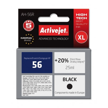 Activejet AH-56R tindikassett (asendus HP 56 C6656A; premium; 25 ml; must)