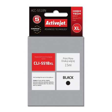 Activejet ACC-551BN tindikassett (asendus Canon CLI-551BK; Supreme; 15 ml; must)