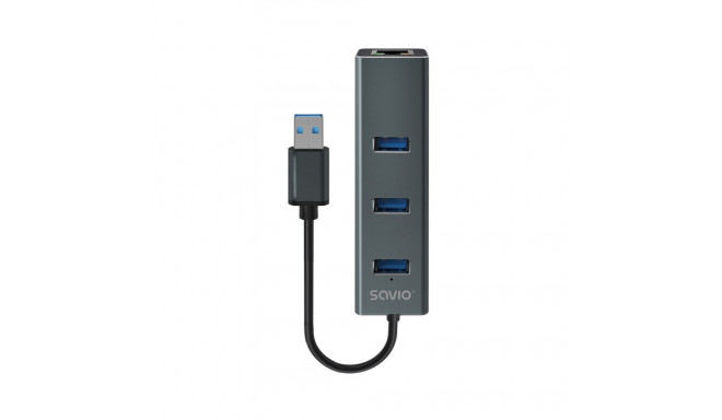 Savio AK-57 USB-A - 3 x USB-A HUB with RJ-45 Gigabit Ethernet adapter 5000 Mbit/s grey USB 3.2 Gen 1