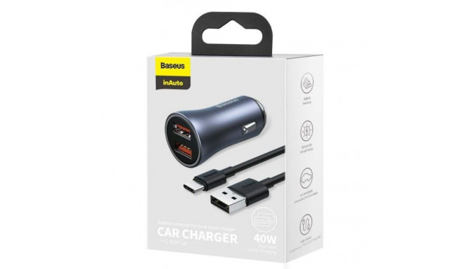 Baseus Car Charger Golden Contactor Pro with (USB/Type-C cable 5A), 2xUSB Quick Charge, SCP, FCP, AF