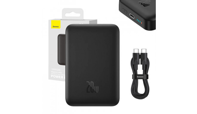 Akupank juhtmevaba laadimisega + USB-C pesaga, 10.000 mAh, 20W, MagSafe, must, Magnetic Mini, Baseus