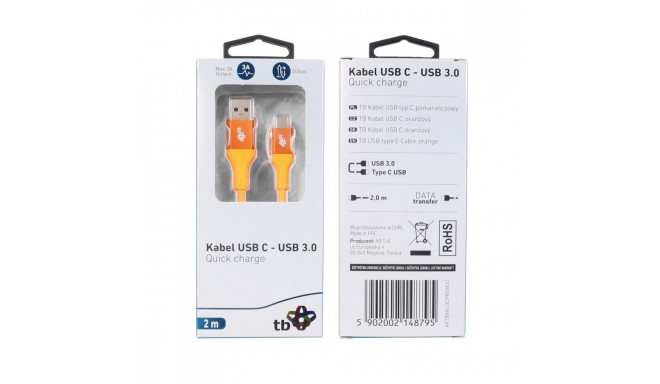 Cable USB 3.0 - USB C 2m PREMIUM 3A orange TPE