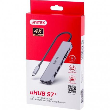 UNITEK HUB USB-C H1118A; USB-A x3, USB-C, HDMI, SD, microSD