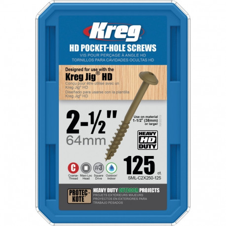KREG® HD Protec-Kote Pocket-Hole Screws - 64mm, #14 Coarse-Thread, Maxi-Loc, 125 pcs