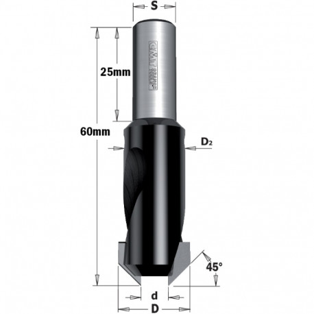45° verseng puurile HM Z2 S=8x25 D=3/12 LH