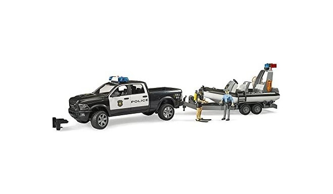 Bruder RAM 2500 police pickup, L+S module, trailer with boat, model vehicle (black/white, including 