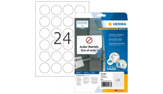 HERMA Removable labels A4 Ø 40 mm round white Movables/removable paper matt 600 pcs.