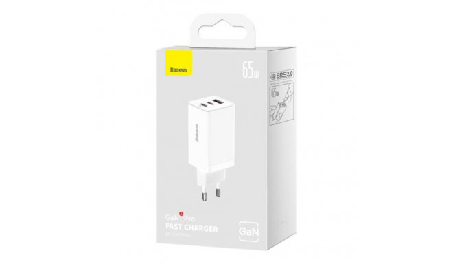 Baseus Travel Charger GaN5 Pro Fast wall charger, C+C+U, QC, AFC, PD 65W with Type-C to Type-C (100W