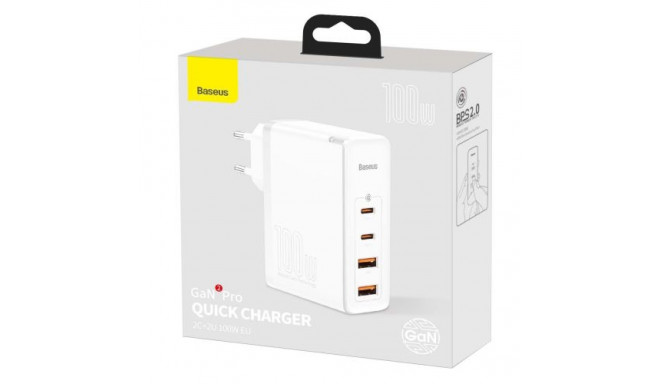 Baseus Travel Charger GaN2 Pro Quick wall charger C+C+U+U, PD 3.0, QC 4.0+, 100W EU White (CCGAN2P-L
