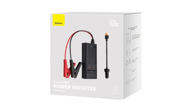 Baseus Car Power Inverter IGBT 300W/ 220V (C+U + Dual EU plug) with 12V clamp cables (0.40m) and Cig