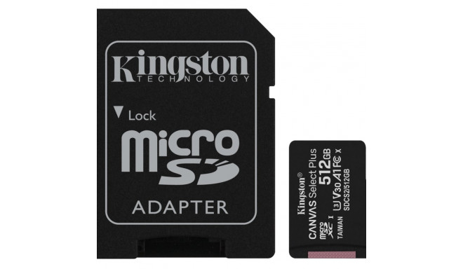 Kingston Technology Canvas Select 512GB micSDXC Plus 100R A1 C10 kaart + ADP