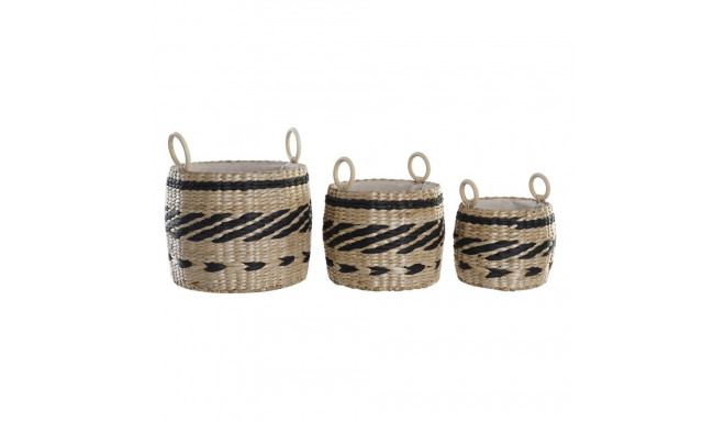 Basket set DKD Home Decor Black Natural Natural Fibre Colonial 30 x 30 x 25 cm (3 Pieces)