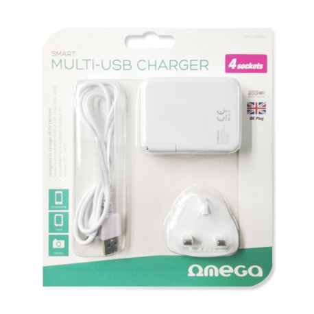 OMEGA CHARGER 4-PORT USB 4A WHITE UK PLUG [42673]