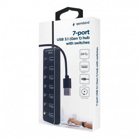 GEMBIRD USB-jaotur 7-pordiline USB 3.1 Gen 1 lülititega, must
